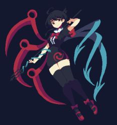 Rule 34 | 1girl, 4qw5, ahoge, asymmetrical wings, black background, black dress, black hair, black thighhighs, blue wings, bow, bowtie, closed mouth, dress, footwear bow, full body, highres, holding, holding weapon, houjuu nue, pixel art, polearm, red bow, red bowtie, red eyes, red footwear, red wings, short sleeves, simple background, smile, snake armband, solo, thighhighs, touhou, trident, weapon, wings