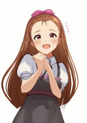 Rule 34 | 1girl, blunt ends, blush, brown hair, commentary request, forehead, hairband, highres, idolmaster, long hair, looking at viewer, minase iori, open mouth, own hands together, red eyes, ribbon, short sleeves, simple background, sinobu0425, solo