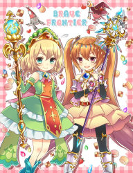 Rule 34 | 2girls, armor, blonde hair, blue eyes, boots, bracelet, brave frontier, checkerboard cookie, cookie, detached sleeves, dress, food, frilled skirt, frills, fruit, hair ornament, heart, hoshino (nia hoshino), jewelry, luly, macaron, multiple girls, necklace, orange hair, purple eyes, short hair, skirt, staff, strawberry, themis, thighhighs, twintails