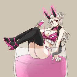Rule 34 | 1girl, alcohol, bikini, black thighhighs, blush, breasts, character request, choker, cleavage, cloud kingdom, cup, drinking glass, english text, feather boa, food, frilled bikini, frills, full body, grey background, hair bun, high heels, horn ornament, horn ribbon, horns, in container, in food, large breasts, long hair, looking at viewer, mini person, minigirl, original, oversized object, pas (paxiti), pink bikini, pouring, pouring onto self, red eyes, ribbon, ribbon choker, side bun, single hair bun, single side bun, smile, solo, swept bangs, swimsuit, thank you, thighhighs, white hair, wine, wine glass