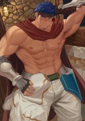 Rule 34 | 2boys, abs, bara, bare pectorals, black gloves, blue eyes, blue hair, bulge, cape, dainyuu (dgls), fire emblem, fire emblem: path of radiance, gloves, hand on another&#039;s head, headband, highres, ike (fire emblem), imminent fellatio, large pectorals, male focus, multiple boys, muscular, navel, nintendo, nipples, pants, pectorals, red headband, short hair, thick thighs, thighs, vambraces, white pants, yaoi