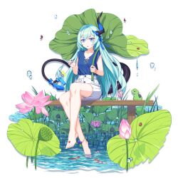 bare_legs barefoot blue_eyes blue_hair blue_shirt bug butterfly fish flower frog holding holding_umbrella honkai_(series) honkai_impact_3rd horns insect jewelry ladybug leaf_umbrella liliya_olenyeva long_hair looking_at_animal lotus_leaf nail_polish nature necklace open_mouth petals plant shirt single_horn sitting skirt tail transparent_background umbrella water_drop white_skirt