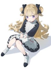 Rule 34 | 1girl, absurdres, black dress, black socks, blonde hair, blush, bow, cottone (highjethoo), dress, emilico (shadows house), hair bow, highres, long hair, looking at viewer, purple eyes, simple background, sitting, socks, solo, tagme, two side up, white background