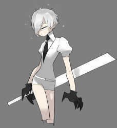 Rule 34 | 1other, androgynous, antarcticite, black eyes, black gloves, black necktie, closed mouth, cropped legs, crystal hair, gem uniform (houseki no kuni), gloves, grey background, hair over one eye, highres, holding, holding weapon, houseki no kuni, necktie, short hair, short sleeves, simple background, solo, sparkle, tirarizun, weapon