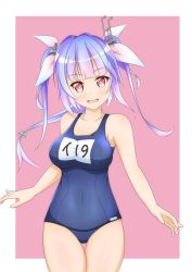 Rule 34 | 1girl, bell shireikan, blue hair, blue one-piece swimsuit, breasts, collarbone, covered navel, cowboy shot, flower-shaped pupils, hair ornament, hair ribbon, highres, i-19 (kancolle), kantai collection, large breasts, long hair, looking at viewer, name tag, old school swimsuit, one-piece swimsuit, open mouth, pink background, red eyes, ribbon, school swimsuit, solo, swimsuit, symbol-shaped pupils, tri tails, white background