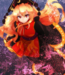 Rule 34 | 1girl, black dress, blonde hair, closed mouth, commentary request, dress, headdress, junko (touhou), long hair, looking at viewer, nagare, red eyes, signature, solo, tabard, touhou