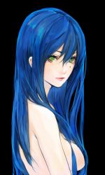 Rule 34 | 00s, 1girl, aged up, back, black background, blue eyes, blue hair, breasts, convenient censoring, from side, green eyes, hair between eyes, hair censor, hair over breasts, izumi konata, lipstick, long hair, looking at viewer, looking back, lucky star, makeup, matching hair/eyes, medium breasts, mole, mole under eye, nude, opiu, simple background, solo, third-party edit, upper body
