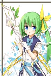 Rule 34 | 1girl, alternate costume, blue eyes, bow, capelet, coat, commentary request, daiyousei, dress, fairy wings, gloves, green hair, hair bow, hair ornament, long hair, looking at viewer, open clothes, open coat, open mouth, polearm, puffy short sleeves, puffy sleeves, sash, short sleeves, side ponytail, simple background, solo, spear, touhou, very long hair, weapon, white dress, white gloves, wings, yuuhagi (amaretto-no-natsu)
