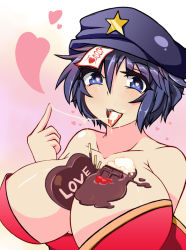 Rule 34 | 1girl, altronage, bare shoulders, between breasts, blue eyes, blue hair, breasts, candy, chocolate, chocolate covered, chocolate heart, cleavage, food, hat, heart, heart-shaped pupils, huge breasts, matching hair/eyes, messy, miyako yoshika, ofuda, pocky, sexually suggestive, short hair, solo, suggestive fluid, symbol-shaped pupils, tongue, tongue out, touhou, valentine