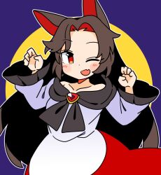 Rule 34 | 1girl, animal ears, blush, brown hair, dress, fang, imaizumi kagerou, ini (inunabe00), long hair, long sleeves, one eye closed, open mouth, red dress, red eyes, skin fang, smile, solo, touhou, white dress, wolf ears