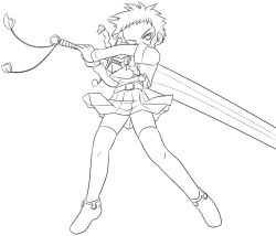 Rule 34 | 00s, 1girl, belt, braid, full body, greyscale, huge weapon, long hair, minagi mikoto, monochrome, my-hime, one eye closed, shoes, simple background, skirt, solo, sword, thighhighs, twin braids, weapon, white background