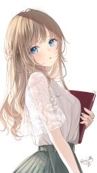 Rule 34 | 1girl, artist name, blonde hair, blue eyes, blush, book, green skirt, head tilt, highres, holding, holding book, lace, long hair, looking at viewer, original, parted lips, pleated skirt, puracotte, shirt, short sleeves, signature, simple background, skirt, solo, standing, white background, white shirt