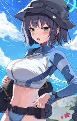 Rule 34 | 1girl, absurdres, aqua eyes, black hair, black hat, blue archive, blue sky, blush, breasts, bucket hat, cloud, commentary, day, green eyes, green halo, halo, hat, highres, large breasts, long sleeves, looking at viewer, midriff, nam (nam990902), navel, ocean, official alternate costume, open mouth, outdoors, purple hair, raglan sleeves, rash guard, saki (blue archive), saki (swimsuit) (blue archive), short hair, sky, solo, watch, wet, zipper