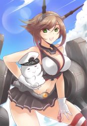 Rule 34 | 10s, 1girl, bare shoulders, blue sky, breasts, brown hair, cannon, chain, cleavage, cloud, day, gloves, green eyes, haganef, hairband, headgear, kantai collection, large breasts, midriff, miniskirt, mutsu (kancolle), navel, personification, short hair, skirt, sky, solo, thighhighs, turret, white gloves