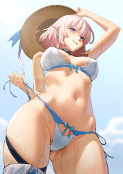 Rule 34 | 1girl, arm up, bikini, blue eyes, blue sky, bow, breasts, choker, cloud, day, disto, from below, hat, highres, holding, honkai: star rail, honkai (series), large breasts, looking at viewer, march 7th (honkai: star rail), navel, outdoors, pink hair, short hair, side-tie bikini bottom, skindentation, sky, solo, stomach, straw hat, sun hat, swimsuit, thighs, wet
