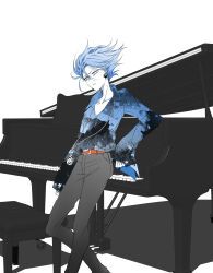 Rule 34 | 1boy, absurdres, belt, black pants, blue hair, blue shirt, earrings, grey eyes, hair between eyes, highres, instrument, j0h (j000h3), jewelry, necklace, otogami sorachika, pale skin, pants, piano, pppppp, shirt, sleeves past wrists, solo, standing
