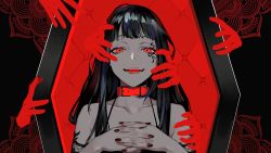 Rule 34 | 1girl, bare shoulders, black nails, character request, collar, collarbone, commentary request, disembodied limb, eye (vocaloid), fingernails, highres, interlocked fingers, lam (ramdayo), long hair, nail polish, official art, open mouth, own hands clasped, own hands together, red collar, red eyes, red theme, solo focus, teeth, tongue, vocaloid