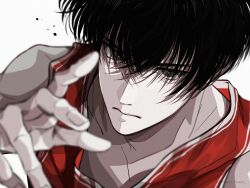 Rule 34 | 1boy, :|, artist name, basketball jersey, black eyes, black hair, closed mouth, hand up, highres, isumisumi, looking at viewer, male focus, portrait, red shirt, rukawa kaede, serious, shirt, short hair, simple background, slam dunk (series), sleeveless, sleeveless shirt, solo, white background