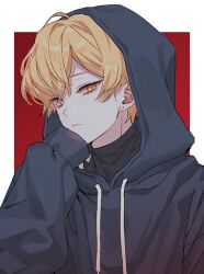 Rule 34 | 1boy, black shirt, blonde hair, blue hoodie, closed mouth, commentary request, head on hand, hood, hood up, hoodie, korean commentary, limbus company, male focus, myoforall, project moon, shirt, short hair, sinclair (project moon), sleeves past wrists, solo, yellow eyes