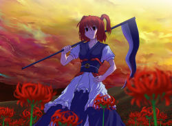 Rule 34 | 1girl, cloud, collarbone, evening, female focus, flower, frills, hair bobbles, hair ornament, hand on own hip, nature, onozuka komachi, outdoors, over shoulder, plant, red eyes, red hair, scythe, short sleeves, short twintails, sky, solo, spider lily, touhou, tsuyadashi shuuji, twintails, two side up, weapon, weapon over shoulder