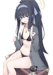 Rule 34 | 1girl, bare shoulders, bikini, black bikini, black hair, blue archive, blue eyes, breasts, cup, duplicate, embarrassed, grey jacket, hair ribbon, hairband, halo, halterneck, highres, hukahire0120, jacket, jewelry, long hair, long sleeves, looking at viewer, mug, navel, necklace, no pants, o-ring, o-ring bikini, off shoulder, official alternate costume, open clothes, open jacket, open mouth, ponytail, ribbon, sidelocks, simple background, sitting, small breasts, solo, stomach, string bikini, swimsuit, thighs, ui (blue archive), ui (swimsuit) (blue archive), very long hair, wet, white background