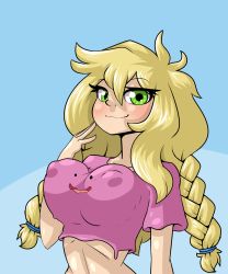 Rule 34 | 1girl, blonde hair, blue background, blush, borrowed character, bouncing breasts, braid, breasts, cleavage cutout, clothing cutout, collarbone, covered erect nipples, creatures (company), crop top, ditto, female focus, game freak, gen 1 pokemon, green eyes, hair tie, half-closed eyes, hand up, highres, large breasts, limebreaker, living clothes, long hair, looking at viewer, nintendo, original, pink shirt, pokemon, pokemon (creature), pokemon rgby, shirt, short sleeves, simple background, smile, twin braids, two-tone background, upper body