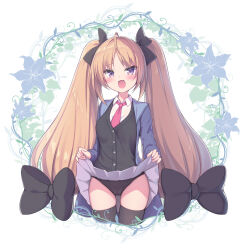 Rule 34 | 1girl, :d, black bow, black cardigan, black panties, black thighhighs, blue jacket, blush, bow, brown hair, cameltoe, cardigan, check commentary, cleft of venus, clothes lift, collared shirt, commentary request, cropped legs, floral background, hair bow, highres, jacket, lifted by self, long hair, looking at viewer, necktie, open clothes, open jacket, open mouth, original, panties, parted bangs, pink necktie, pleated skirt, purple eyes, sasakura momiji, shirt, simple background, skirt, skirt lift, smile, solo, thighhighs, twintails, underwear, very long hair, white background, white shirt, white skirt