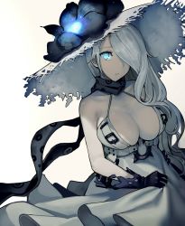 Rule 34 | 10s, 1girl, abyssal ship, blue eyes, breasts, cleavage, cleavage cutout, clothing cutout, commentary request, dress, flower, gloves, glowing, hair over one eye, hat, hat flower, highres, kantai collection, large breasts, long hair, looking at viewer, open mouth, scarf, seaport summer princess, sketch, solo, sun hat, sundress, walzrj, white background, white hair