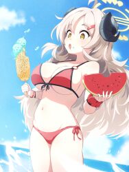 Rule 34 | 1girl, ahoge, bare shoulders, beach, bikini, blonde hair, blue archive, blush, breasts, cloud, collarbone, corn, cowboy shot, curled horns, day, demon horns, double scoop, eating, food, food on face, front-tie bikini top, front-tie top, fruit, grilled corn, hair ornament, hairclip, halo, highres, holding, holding food, horns, ice cream, izumi (blue archive), izumi (swimsuit) (blue archive), large breasts, long hair, navel, o-ring, o-ring bikini, oops, open mouth, red bikini, side-tie bikini bottom, soft serve, solo, standing, stomach, string bikini, swimsuit, thighs, very long hair, wading, watermelon, watermelon slice, yellow eyes
