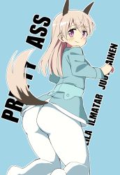 Rule 34 | 1girl, animal ears, ass, blush, character name, eila ilmatar juutilainen, english text, from behind, glastonbury1966, highres, long hair, long sleeves, looking back, military, military uniform, pantyhose, purple eyes, silver hair, smile, solo, strike witches, tail, uniform, white pantyhose, world witches series