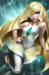 Rule 34 | 1girl, artist name, bare arms, bare shoulders, barefoot sandals (jewelry), blonde hair, breasts, creatures (company), diamond (gemstone), dress, feet, game freak, gem, green eyes, green gemstone, green nails, hair over eyes, hair over one eye, hand on own hip, high heels, highres, imdrunkontea, leggings, lips, long hair, lusamine (pokemon), mature female, md5 mismatch, multicolored clothes, multicolored dress, nail polish, nintendo, pants, pokemon, pokemon sm, sandals, see-through, short dress, sleeveless, sleeveless dress, small breasts, solo, sparkle, tight clothes, tight pants, toes, white dress, white leggings