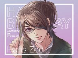 Rule 34 | 1other, brown eyes, brown hair, character name, commentary request, eyepatch, glasses, green jacket, hange zoe, happy birthday, holding, holding quill, jacket, other focus, portrait, quill, shingeki no kyojin, solo, twitter username, yanase 814