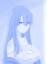 Rule 34 | 1girl, aoe nagi, bare shoulders, blue theme, breasts, cleavage, closed mouth, eyes visible through hair, hair between eyes, highres, large breasts, long hair, looking at viewer, monochrome, off shoulder, shounen no abyss, sketch, solo, strap slip, upper body, viperxtr