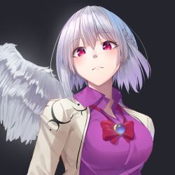 Rule 34 | 1girl, angel wings, beige jacket, blush, bow, bowtie, braid, breasts, brooch, closed mouth, dark background, doitsuudon, dress, expressionless, feathered wings, french braid, grey background, hair between eyes, jewelry, kishin sagume, large breasts, looking at viewer, purple dress, purple eyes, red bow, red bowtie, silver hair, simple background, single wing, solo, touhou, upper body, wing collar, wings