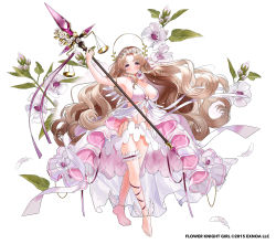 Rule 34 | 1girl, absurdres, armpits, bare arms, barefoot, bow, bridal garter, brown hair, burodoaoi (flower knight girl), colored eyelashes, curly hair, flower, flower knight girl, frills, hair flower, hair ornament, highres, holding, holding staff, long hair, mismatched eyelashes, name connection, object namesake, official art, parted bangs, pink eyes, pomu (pomu me), ribbon, scales, simple background, solo, staff, thighlet, toes, very long hair, white background, white bow, white ribbon