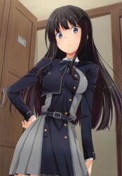 Rule 34 | 1girl, absurdres, black hair, blush, breasts, closed mouth, hand on own hip, highres, indoors, inoue takina, izumi mahiru, large breasts, long hair, looking at viewer, lycoris recoil, lycoris uniform, purple eyes, school uniform, skirt, solo, standing