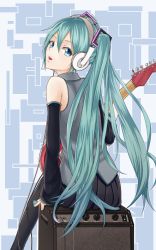 Rule 34 | 1girl, amplifier, aqua eyes, aqua hair, arm support, bad id, bad pixiv id, cable, detached sleeves, female focus, from behind, guitar, hatsune miku, headphones, heisei yutorin, instrument, long hair, looking back, open mouth, pantyhose, plectrum, sitting, solo, very long hair, vocaloid