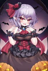 Rule 34 | 1girl, :d, alternate breast size, alternate costume, bare shoulders, bat (animal), bat wings, black dress, black headwear, blush, breasts, dress, fang, flower, hair ribbon, highres, jack-o&#039;-lantern, large breasts, looking at viewer, medium breasts, open mouth, pointy ears, purple hair, red eyes, red flower, red ribbon, red rose, remilia scarlet, ribbon, rose, s vileblood, short hair, skin fang, smile, solo, touhou, wings, wrist cuffs