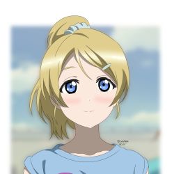 Rule 34 | 1girl, aqua scrunchie, aqua shirt, aqua tank top, artist name, artist request, ayase eli, blonde hair, blue eyes, blurry, blurry background, blush, breasts, close-up, clothes writing, collarbone, female focus, hair between eyes, hair ornament, hair scrunchie, hairclip, high ponytail, highres, long hair, looking at viewer, love live!, love live! school idol festival, love live! school idol project, parted lips, ponytail, scrunchie, shirt, short hair, short sleeves, smile, solo, t-shirt, tank top, upper body