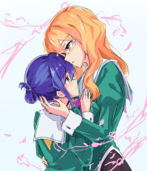 Rule 34 | 2girls, aracari, blue hair, blush, buttoned cuffs, chibana sumika, closed mouth, commentary, couple, english commentary, folded ponytail, from side, glasses, green eyes, green shirt, hair between eyes, hand on another&#039;s waist, hands on another&#039;s chest, height difference, highres, hug, juliet sleeves, liebe girls academy school uniform, long hair, long sleeves, looking at another, mamiya kanoko, multiple girls, neckerchief, orange hair, parted lips, puffy sleeves, purple neckerchief, sailor collar, school uniform, shirt, simple background, upper body, watashi no yuri wa oshigoto desu!, wavy hair, white background, white sailor collar, yellow neckerchief, yuri