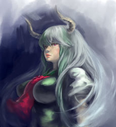 Rule 34 | 1girl, binayu, breasts, ex-keine, female focus, gradient background, horns, impossible clothes, impossible shirt, kamishirasawa keine, large breasts, red eyes, shirt, solo, touhou, upper body