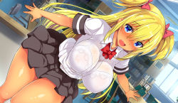 Rule 34 | 1girl, :d, black skirt, blonde hair, blue eyes, bow, bowtie, bra, breasts, dutch angle, gyaru, hair bow, heart, heart in eye, indoors, kurokawa izumi, large breasts, library, long hair, looking at viewer, open mouth, original, pleated skirt, red bow, red bowtie, school uniform, see-through, shiny skin, shirt, skirt, smile, solo, symbol in eye, table, tan, two side up, underwear, white shirt
