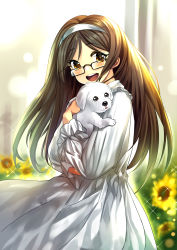 Rule 34 | 1girl, :d, animal, animal hug, bad id, bad pixiv id, black-framed eyewear, blurry, blurry background, blush, brown eyes, brown hair, commentary request, copyright request, depth of field, dog, dress, flower, glasses, hairband, hand up, head tilt, highres, long hair, long sleeves, looking at viewer, looking to the side, open mouth, round teeth, smile, solo, sparkle, sunflower, tangamja, teeth, upper teeth only, very long hair, white dress, white hairband, yellow flower