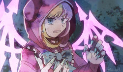 1girl animal_hood atarashi_coco blonde_hair blue_bow blue_nails bow clenched_teeth collar female_focus fingernails hood multicolored_hair nail_polish pink_wings purple_hair sharp_fingernails solo spiked_collar spiked_wings spikes spread_wings subarashiki_kono_sekai sweatdrop teeth two-tone_hair wings