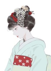 Rule 34 | 1girl, black hair, eyelashes, flower, from side, hair flower, hair ornament, hair stick, highres, japanese clothes, kimono, lipstick, looking away, looking down, makeup, nihongami, obi, original, parted lips, profile, red lips, sash, simple background, smile, solo, ueecaozi, updo, upper body, white background, white flower