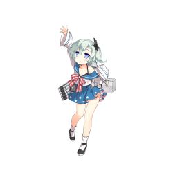 Rule 34 | 1girl, arm up, black bra, black footwear, blue eyes, blue skirt, blush, bow, bra, buttons, cannon, cassin young (warship girls r), collarbone, full body, green hair, hair ornament, halterneck, headgear, long sleeves, looking at viewer, looking to the side, machinery, mary janes, official art, pigeon-toed, pleated skirt, reaching, sailor collar, sailor shirt, saru, shirt, shoes, side ponytail, skirt, sleeves past wrists, socks, solo, standing, striped, striped bow, torpedo, transparent background, turret, underwear, warship girls r, white shirt, white socks