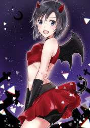 Rule 34 | 1girl, :d, antenna hair, bare shoulders, bike shorts, black gloves, black hair, black shorts, black wings, blush, breasts, covered erect nipples, cowboy shot, crescent moon, crop top, demon wings, elbow gloves, from side, gloves, grey eyes, hair between eyes, halloween, halloween costume, highres, horns, idolmaster, idolmaster (classic), kikuchi makoto, looking at viewer, midriff, miniskirt, mogskg, moon, navel, open mouth, pleated skirt, red skirt, shiny skin, short hair, short shorts, shorts, shorts under skirt, skirt, small breasts, smile, solo, stomach, tombstone, wings
