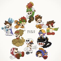 blue_overalls bowser bowser_(cosplay) brown_hair chain_chomp cosplay crown crystal_bit crystal_king facial_hair general_guy general_guy_(cosplay) gloves goomboss goomboss_(cosplay) green_shirt hat highres huff_n._puff huff_n._puff_(cosplay) koopa_bros. koopa_bros._(cosplay) lava_piranha lava_piranha_(cosplay) luigi mario_(series) mimimi_(mimimim9999) multiple_persona mustache nintendo overalls paper_mario paper_mario_64 shirt short_hair tubba&#039;s_heart tubba_blubba tubba_blubba_(cosplay) tutankoopa tutankoopa_(cosplay) white_gloves