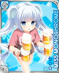 Rule 34 | 1girl, :o, alcohol, beer, beer mug, black kimono, blue background, blue eyes, blunt bangs, card, carrying, character name, closed mouth, cup, girlfriend (kari), japanese clothes, kimono, miss monochrome, miss monochrome (character), mug, official art, pink kimono, qp:flapper, solo, tagme, twintails, white hair