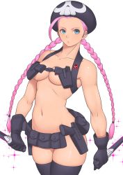 Rule 34 | 1girl, ahoge, alternate hair color, black gloves, black hat, black thighhighs, blue eyes, braid, breasts, cammy white, collarbone, cosplay, eyelashes, facial scar, gloves, groin, gun, hat, highres, holding, holding knife, holster, holstered, huge ahoge, jakuzure nonon, jakuzure nonon (cosplay), kill la kill, knife, legs together, lips, long hair, medium breasts, navel, nudist beach uniform, parted lips, scar, scar on cheek, scar on face, shigenobu, skull print, solo, sparkle background, street fighter, thick thighs, thighhighs, thighs, twin braids, underboob, very long hair, weapon, white background
